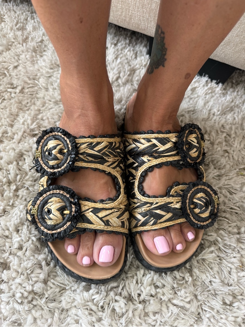 Sam Edelman Black and Natural Woven Double-Strap Slide Sandals